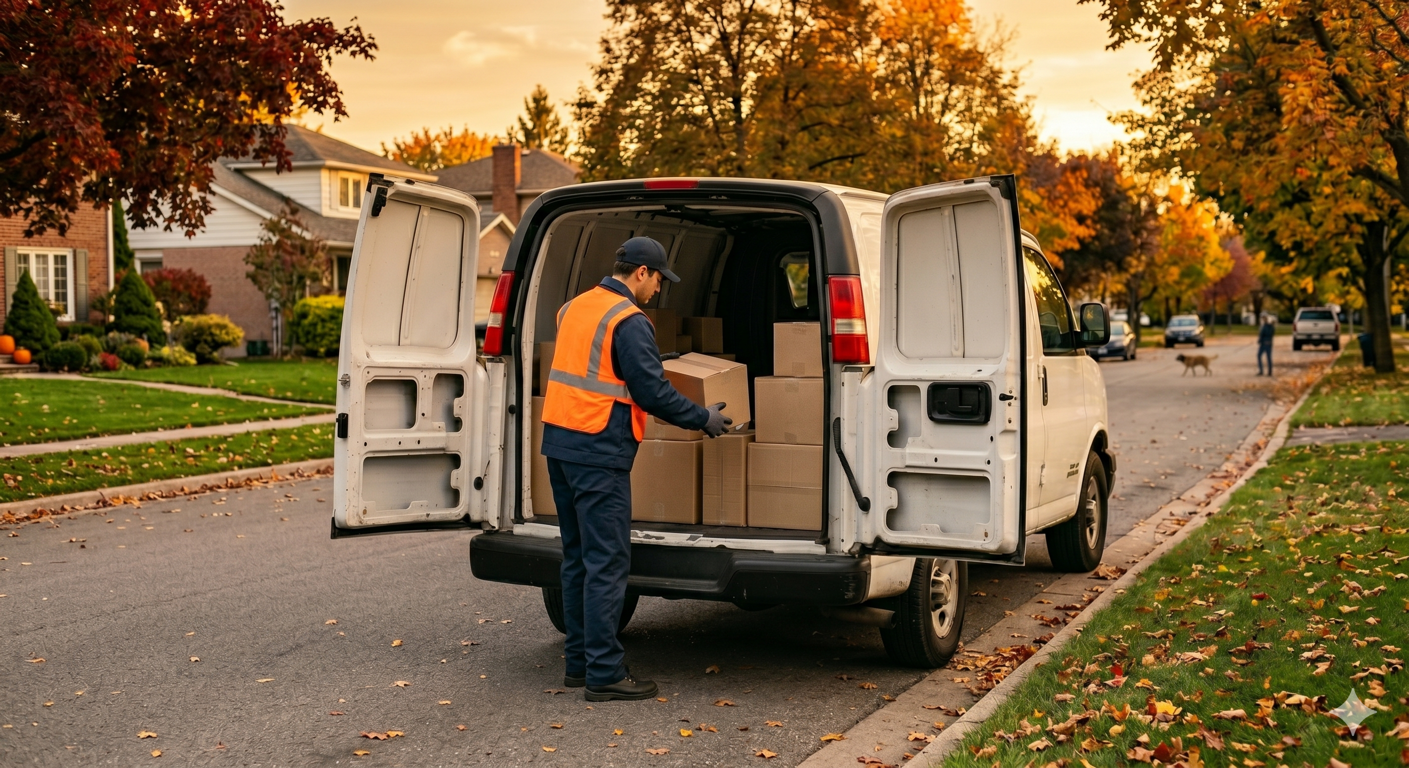 Optima driver unloading packages from a cargo van on a residential Greater Northeast street in autumn